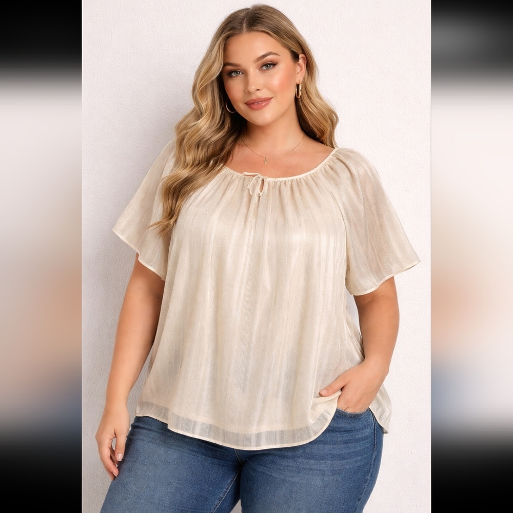 NWT LC LAUREN CONRAD Women L Satin Holiday Metallic Glam Short Sleeve Top Blouse